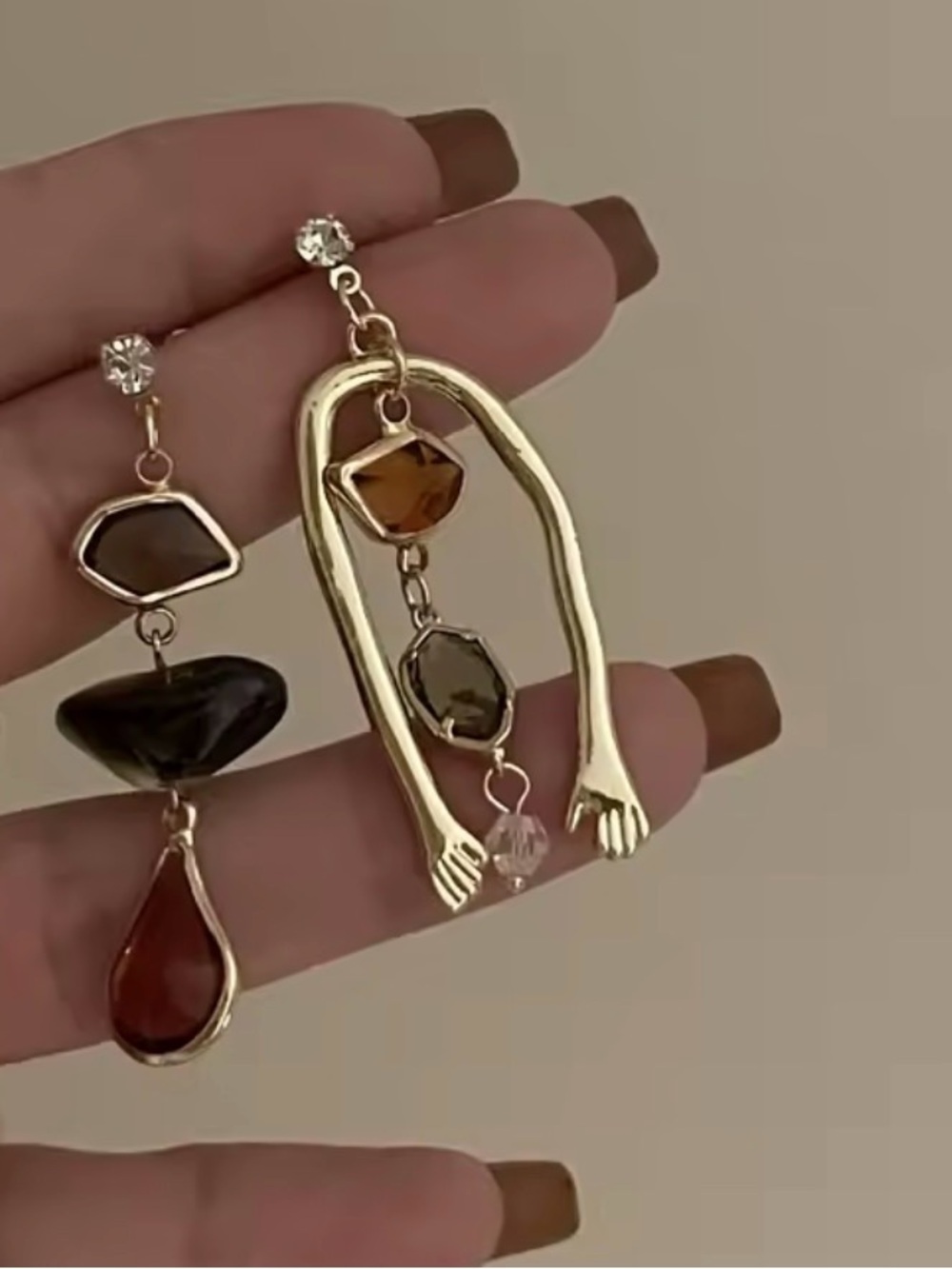 Gold Tone Asymmetric Drop Earrings with Brown and Amber Stones - Picture 2 of 4